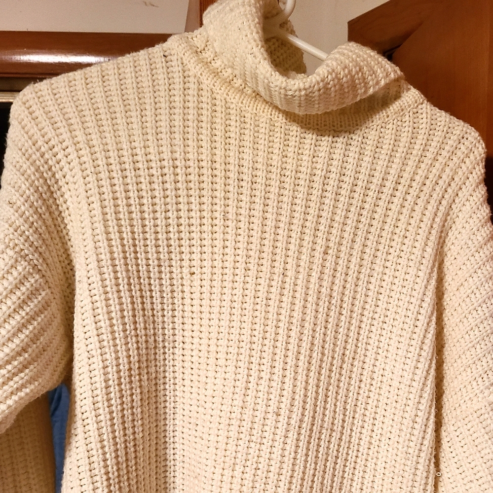 Cream Turtleneck tunic length,knit sweater/dress